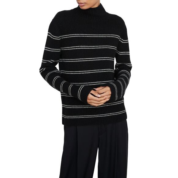 Vince 'Stripe Shaker Stitch' Black Wool Blend Mock Neck Sweater Size S